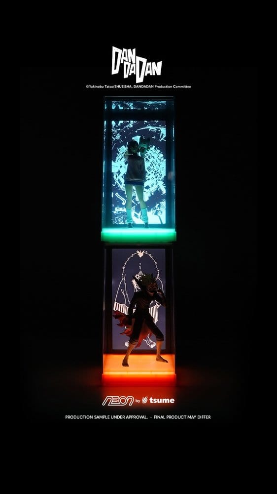 Momo and Okarun Tsume NEON Dandadan figures stacked and lit in the dark