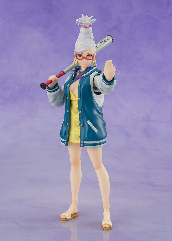 Seiko S.H.Figuarts figure in varsity jacket holding a bat, front view on purple backdrop