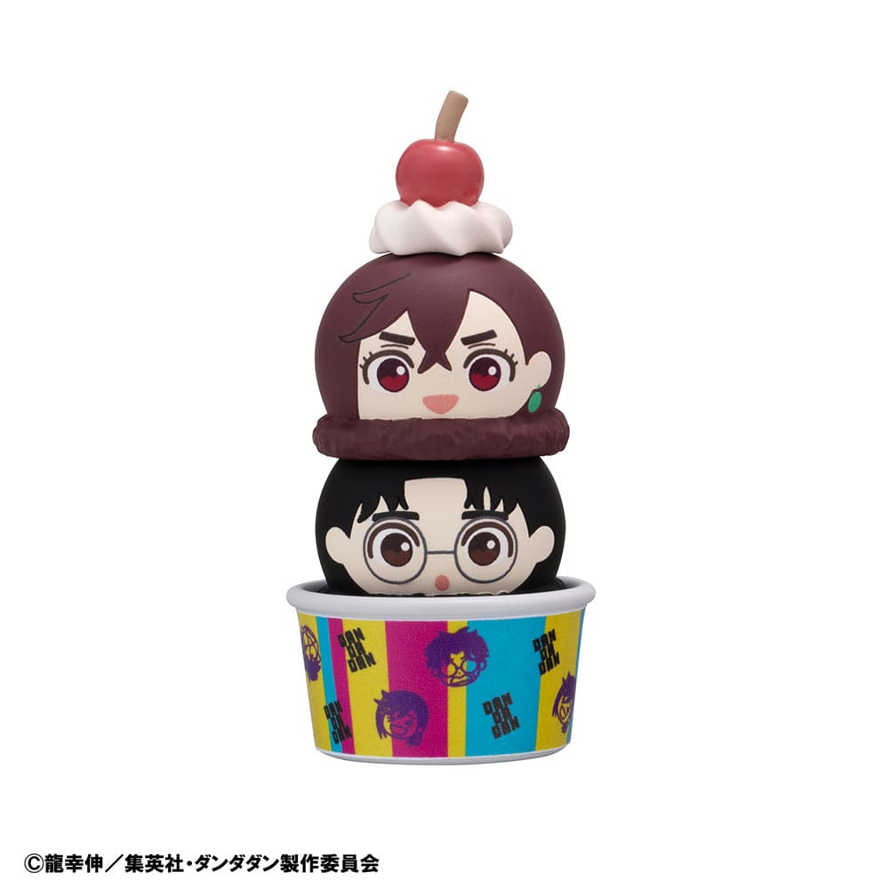 Dandadan Tsumichen figure with two stacked character heads in a striped ice-cream cup, cherry on top