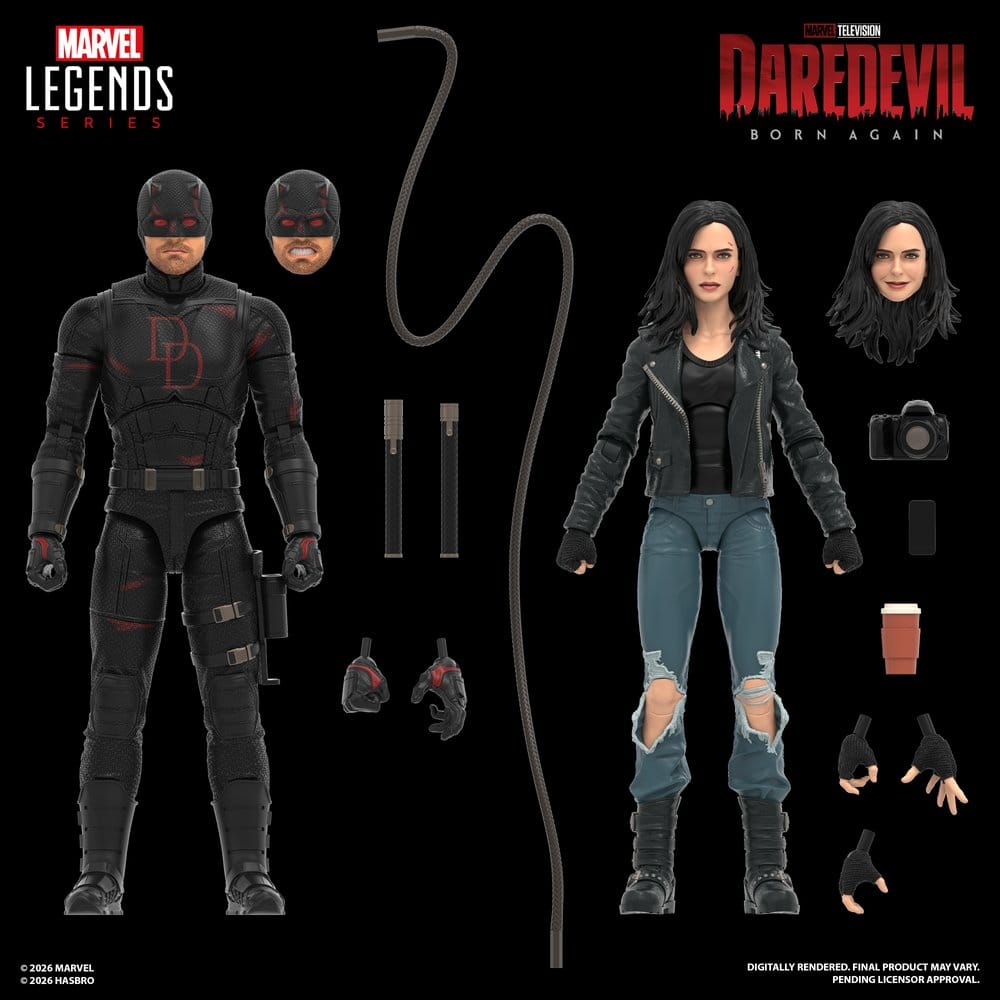Daredevil and Jessica Jones Marvel Legends figures with heads, clubs, camera and coffee cup on black