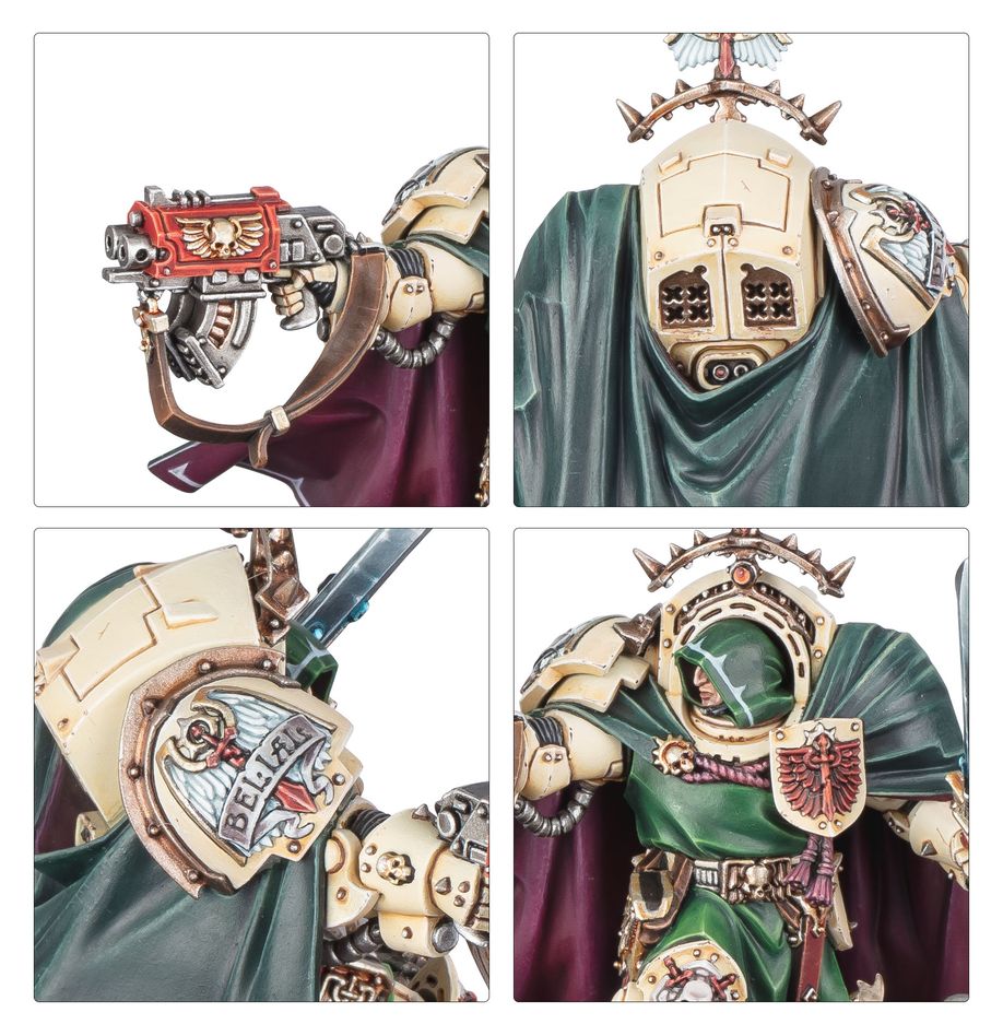 Close-ups of Belial's storm bolter, back banner, shoulder pad and hood