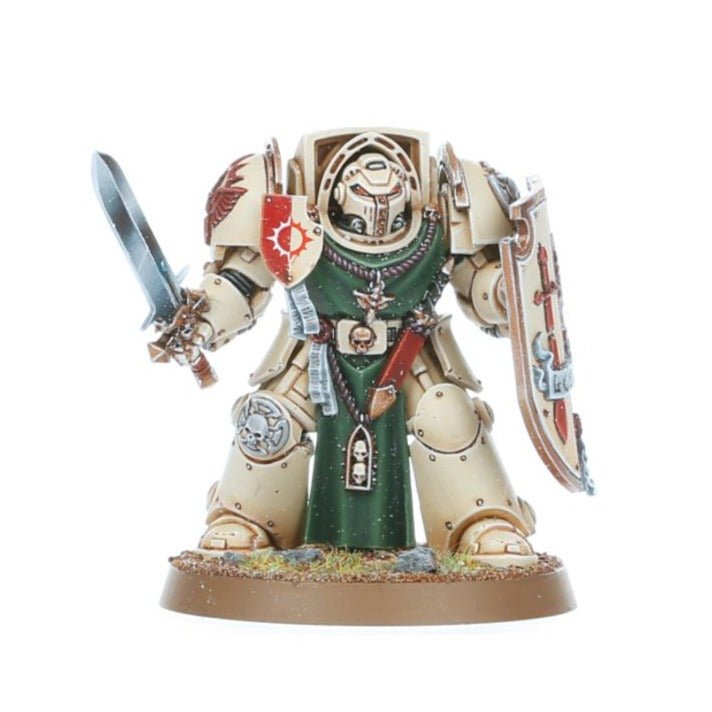 Painted Deathwing Knight in bone armour and green robes with power sword and storm shield