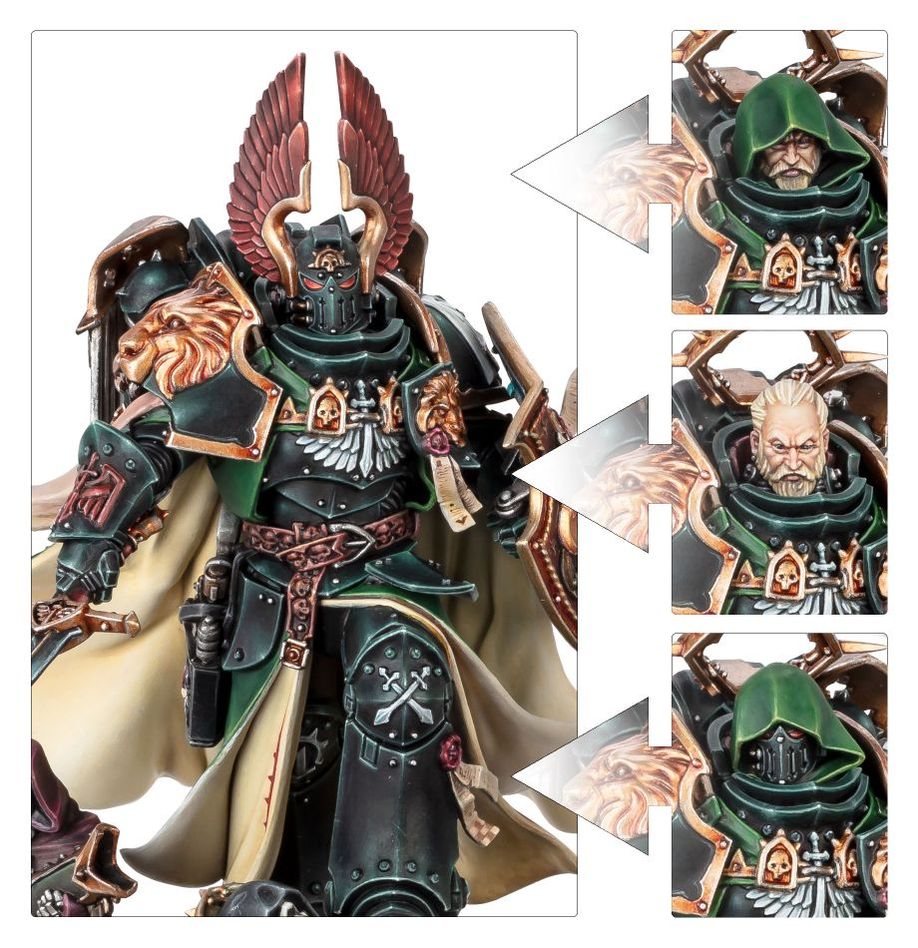 Painted Lion El'Jonson in crested helm with alternative bare, hooded and hooded helm head options