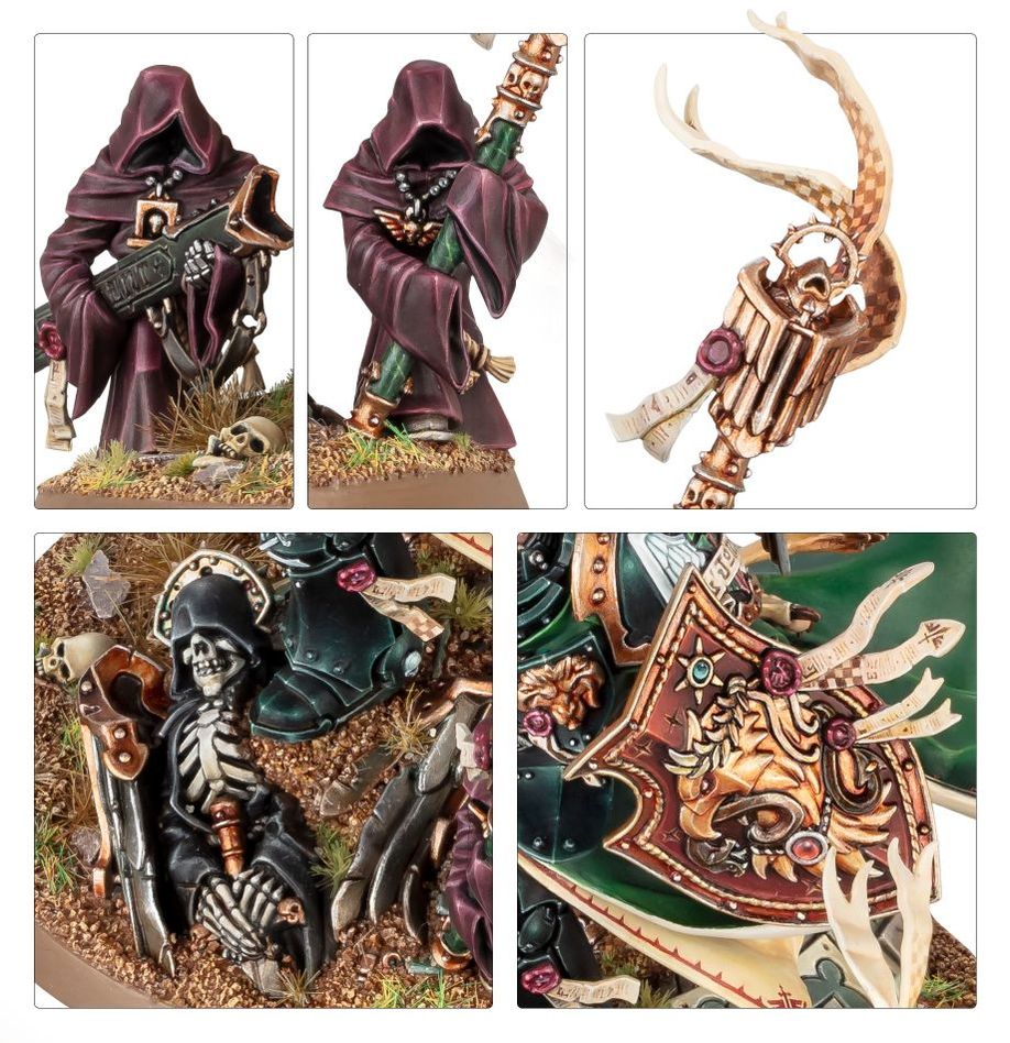 Close-ups of painted Watchers in the Dark, a lantern, a skeleton on the base and the Lion's heraldic shield