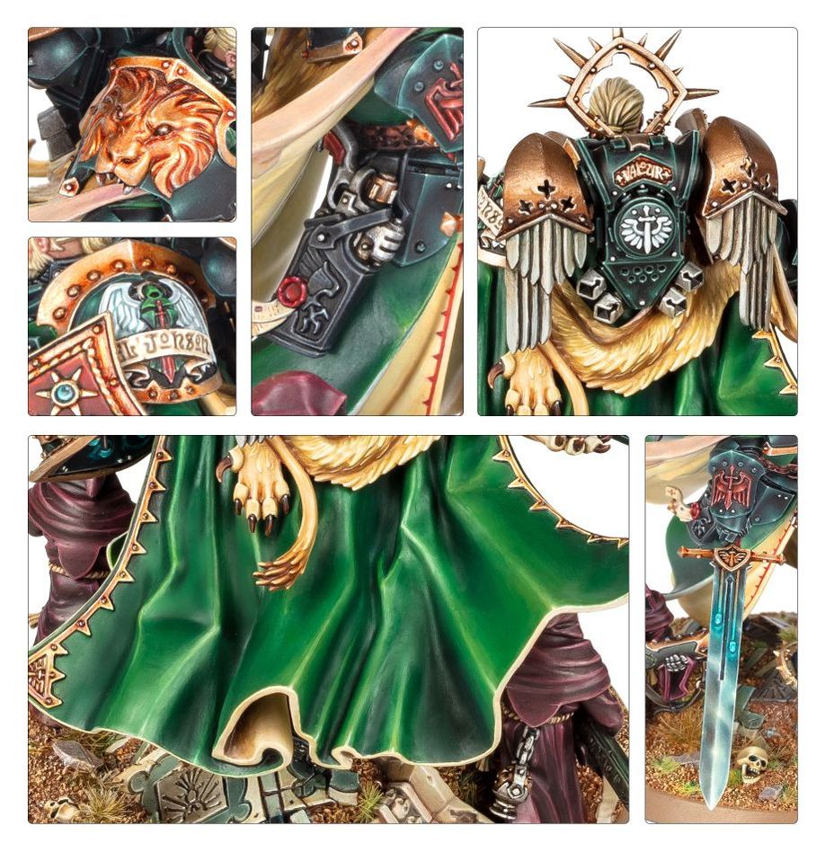 Close-ups of painted Lion El'Jonson armour: lion pauldron, chest eagle, green cloak and sword blade