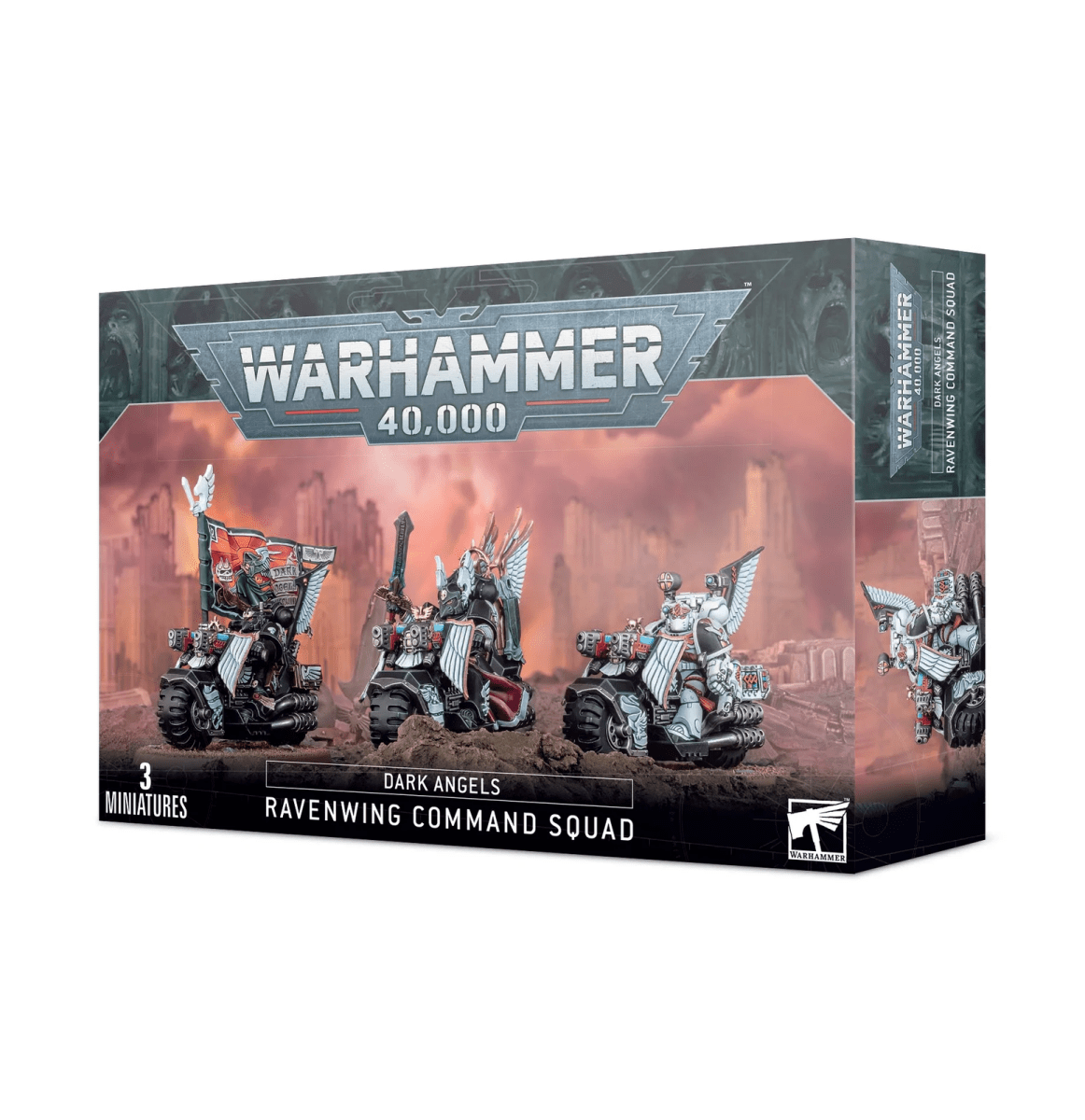Dark Angels Ravenwing Command Squad box front, 3 Citadel miniatures, Games Workshop
