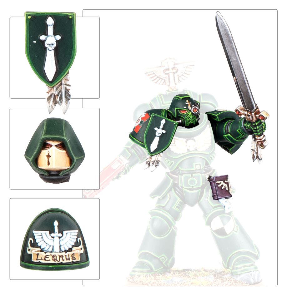 Dark Angels upgrade shoulder pads and hooded head shown on a painted green Space Marine
