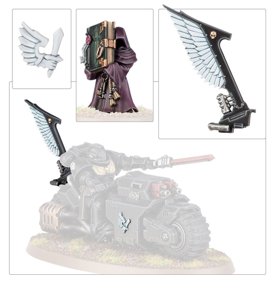 Dark Angels upgrade parts shown on a bike: wing icons, banner pole and hooded figure