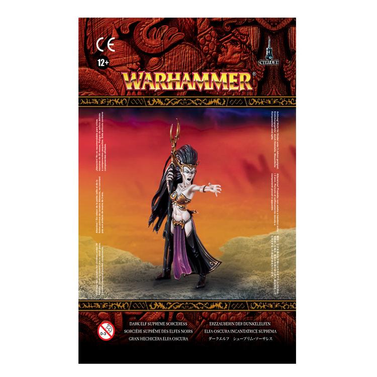 Games Workshop Dark Elf Supreme Sorceress packaging showing the painted miniature on the front