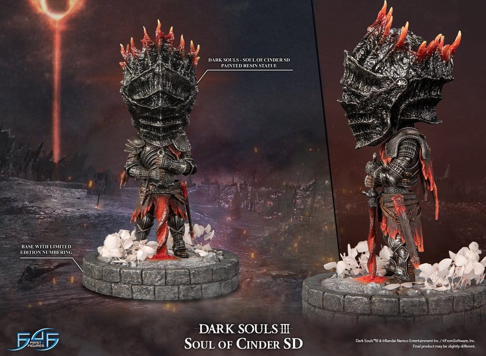 Soul of Cinder SD statue by First 4 Figures, feature graphic with front view and side close-up