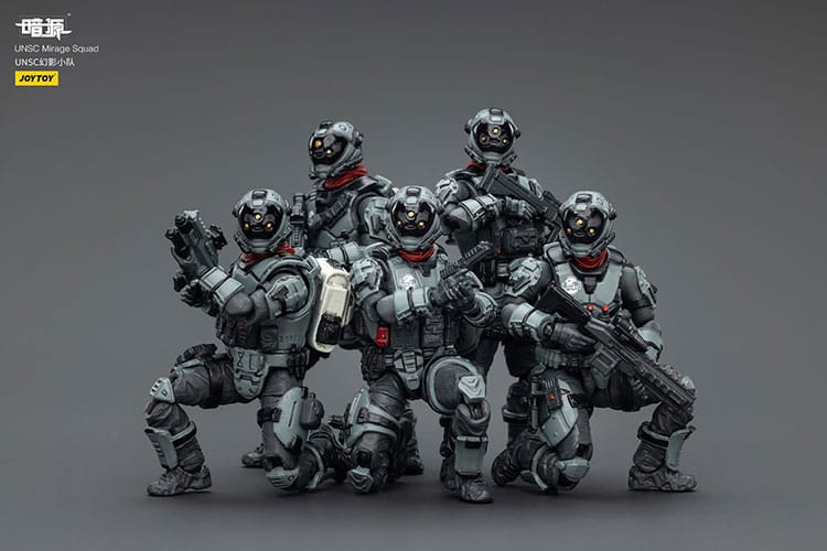 JoyToy Dark Source UNSC Mirage Squad, five grey-armoured soldier figures crouched in a group, on grey