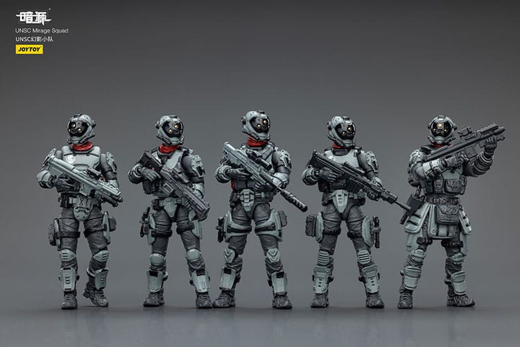JoyToy Dark Source UNSC Mirage Squad, five helmeted soldier figures standing in a line with rifles