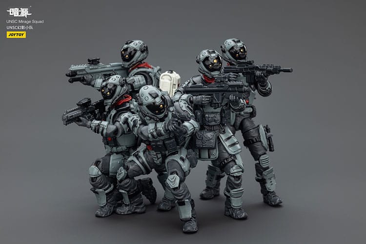 JoyToy Dark Source UNSC Mirage Squad, five soldier figures in a close action pose aiming rifles