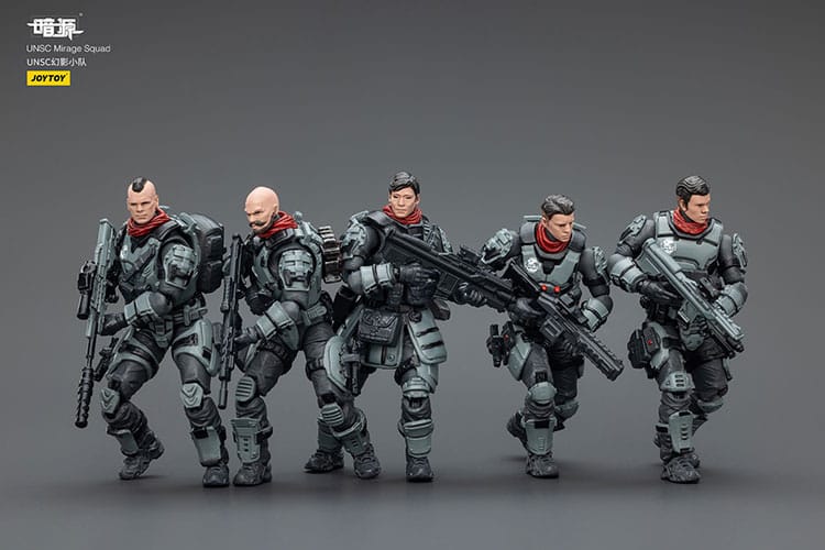 JoyToy Dark Source UNSC Mirage Squad, five soldier figures with helmets off showing faces, on grey