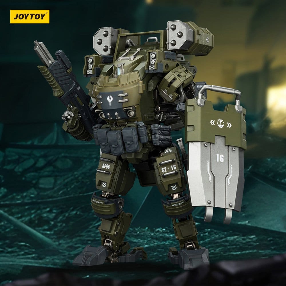JoyToy Dark Source APOC Storm Surge Heavy Fire Assault Mech 1/25 with shield in a ruined city diorama