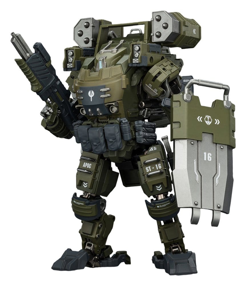 JoyToy Dark Source APOC Storm Surge Heavy Fire Assault Mech 1/25 figure in olive with shield, white background
