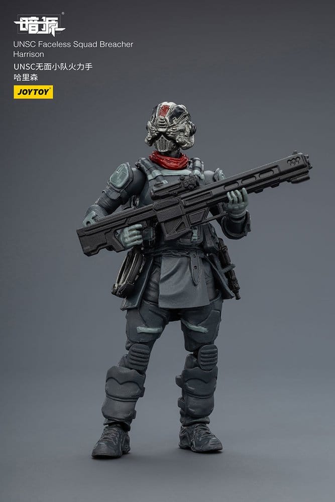 JoyToy Dark Source UNSC Faceless Squad 1/25 Breacher Harrison figure holding a heavy gun, angled view