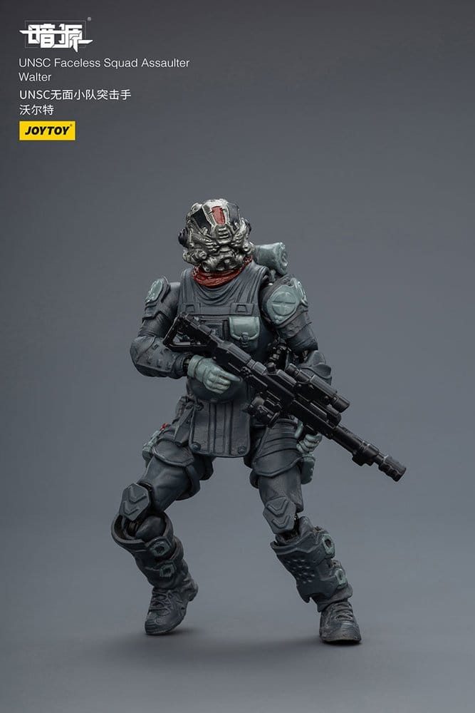 JoyToy Dark Source UNSC Faceless Squad 1/25 Assaulter Walter figure with rifle lowered, crouched pose