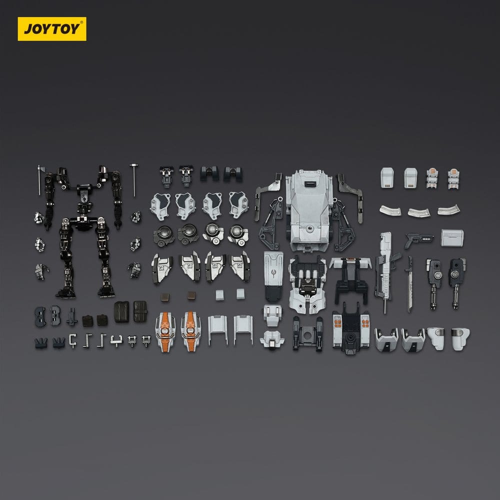 JoyToy Dark Source APOC DragonFang Assault Mech 17 cm, all parts and accessories laid out, dark background