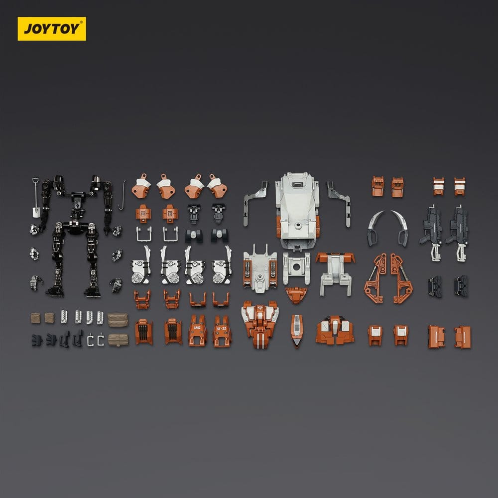 JoyToy Dark Source APOC Hummer Standard Combat Mech 17 cm, all parts and accessories laid out, dark background