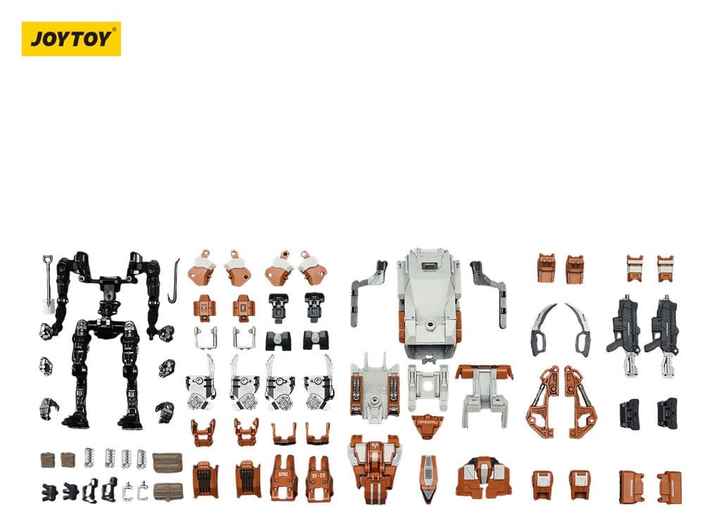 JoyToy Dark Source APOC Hummer Standard Combat Mech 17 cm, all parts and accessories laid out, white background