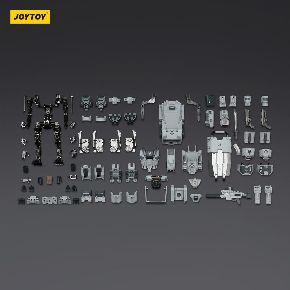 JoyToy Dark Source APOC Mystic Armor Heavy Assault Mech 17 cm, all parts and accessories laid out, dark background