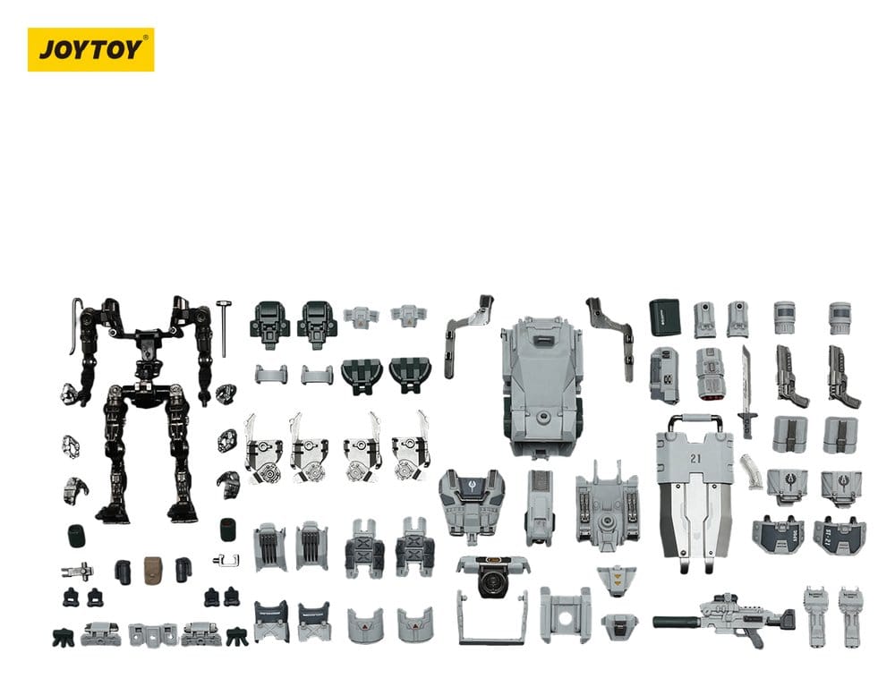 JoyToy Dark Source APOC Mystic Armor Heavy Assault Mech 17 cm, all parts and accessories laid out, white background
