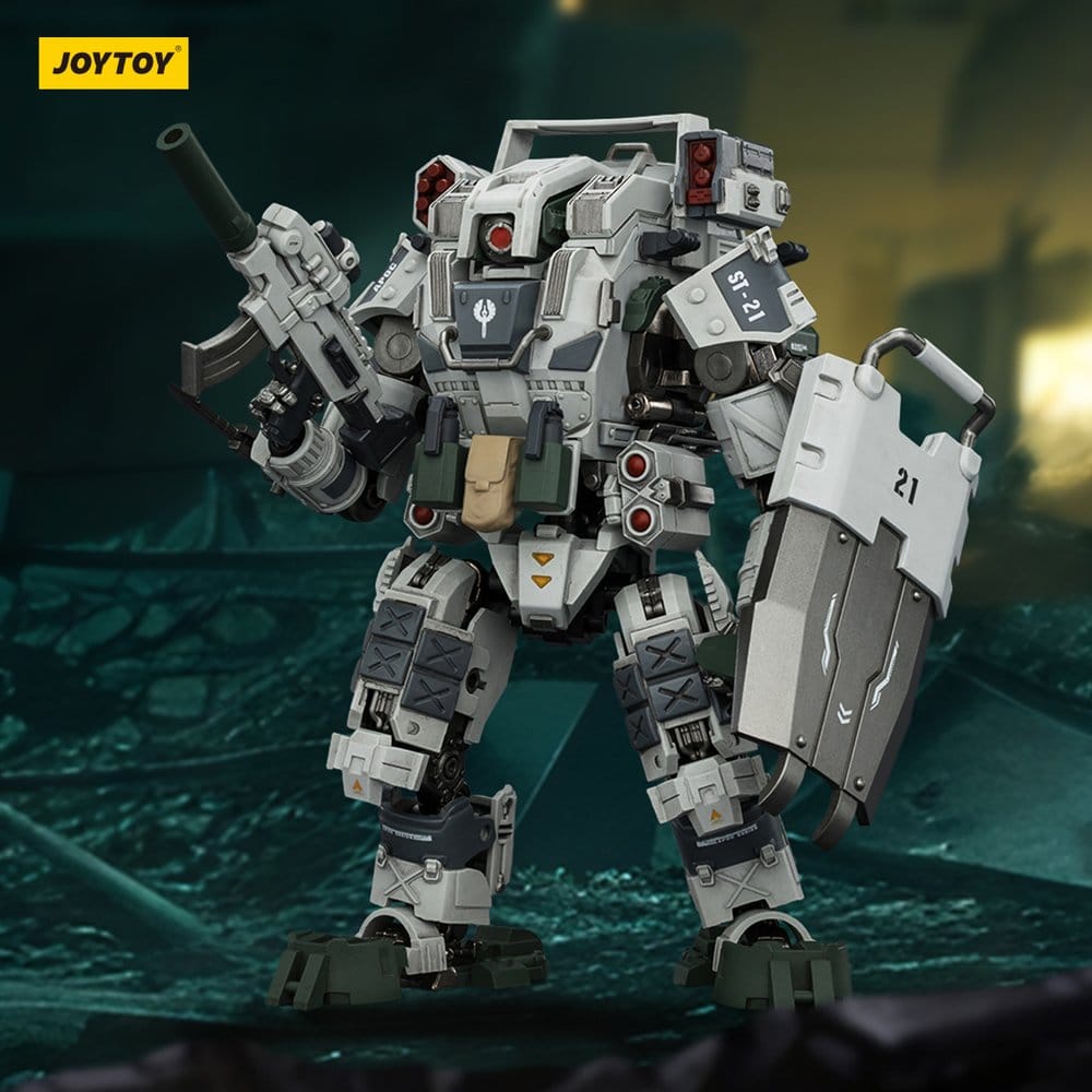 JoyToy Dark Source APOC Mystic Armor Heavy Assault Mech 17 cm with shield in a ruined city diorama
