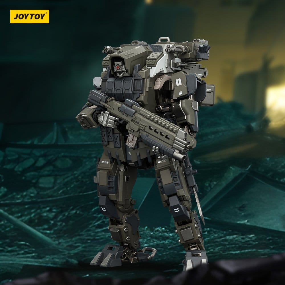 JoyToy Dark Source APOC Razor Stealth/Night Ops Mech figure holding rifle in a ruined battlefield scene