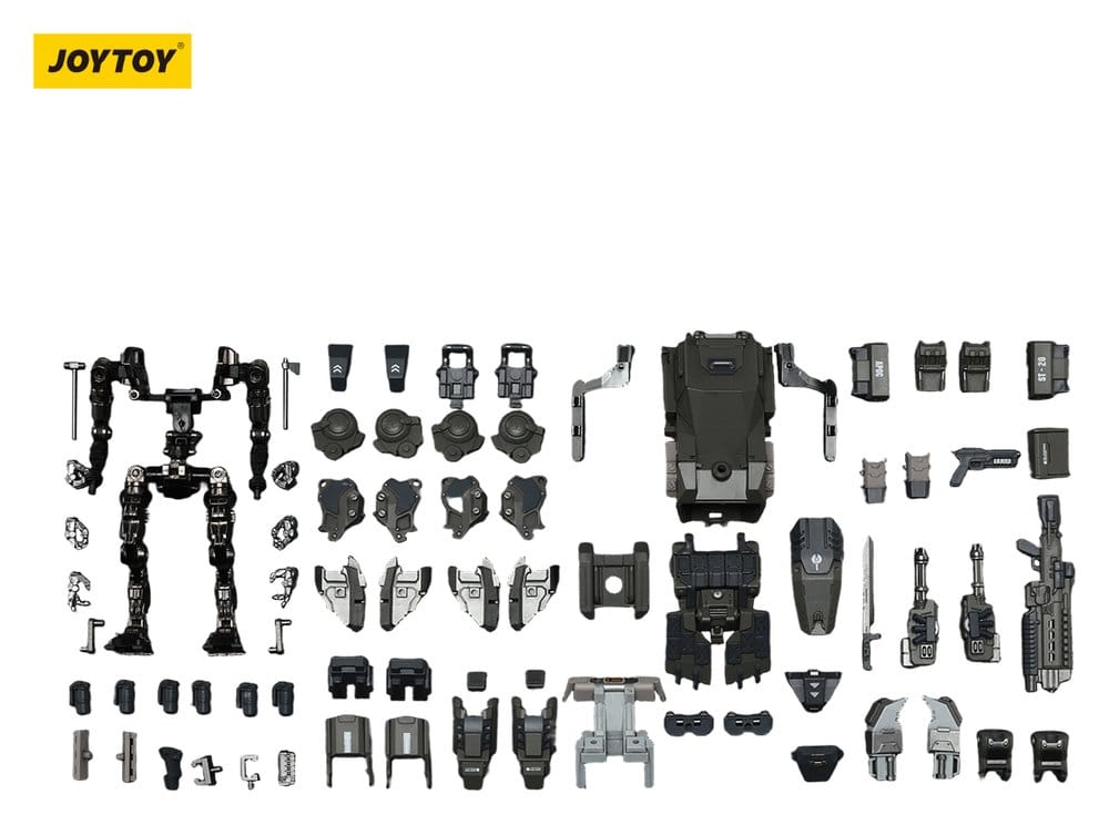 JoyToy Dark Source APOC Razor Stealth/Night Ops Mech, all parts, weapons and accessories laid out on white