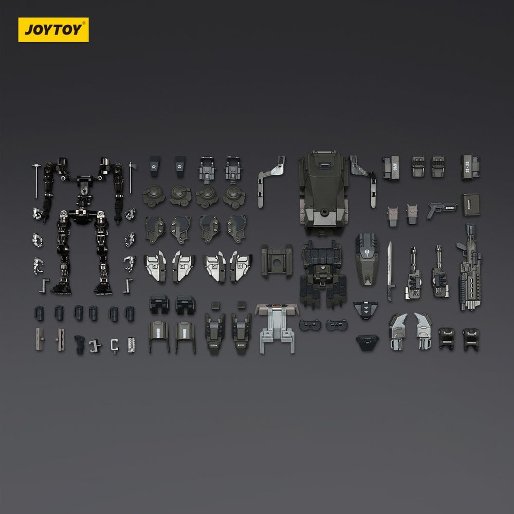 JoyToy Dark Source APOC Razor Stealth/Night Ops Mech, all parts, weapons and accessories laid out on dark grey