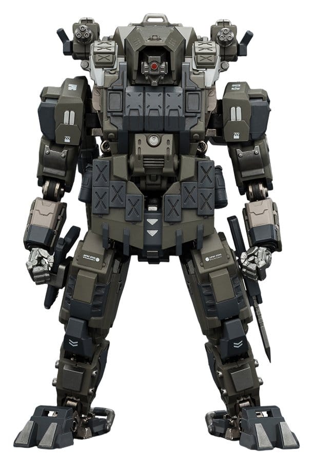 JoyToy Dark Source APOC Razor Stealth/Night Ops Mech 1/18 figure, front view in olive camouflage on white