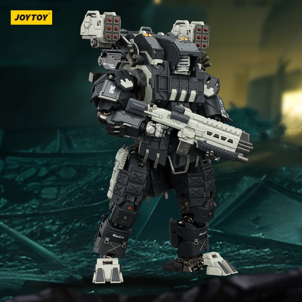 JoyToy Dark Source APOC ThorFire Strike Mech figure holding rifle in a ruined battlefield scene