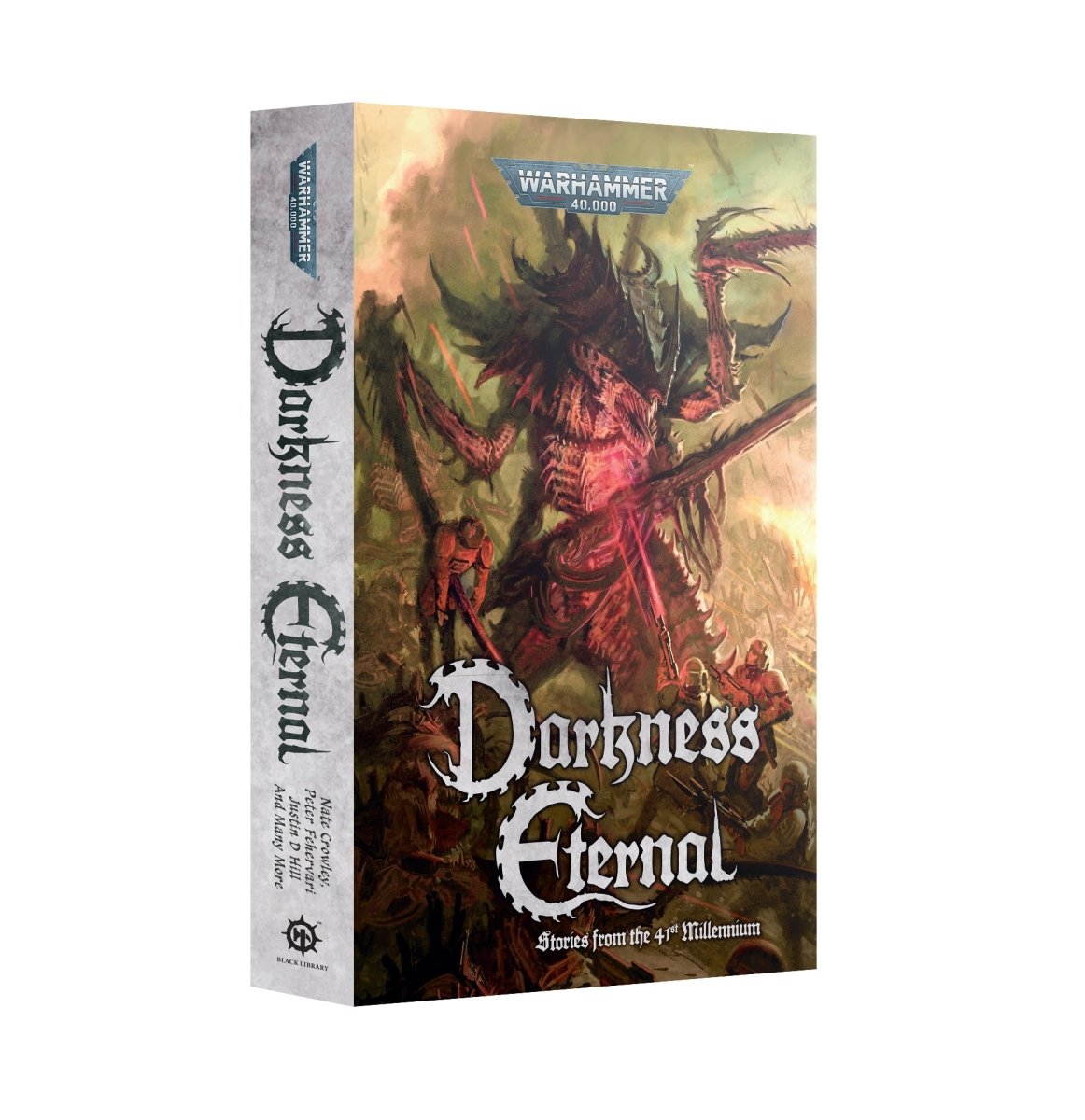 Darkness Eternal Warhammer 40,000 anthology paperback cover from Black Library, with a daemonic figure in red