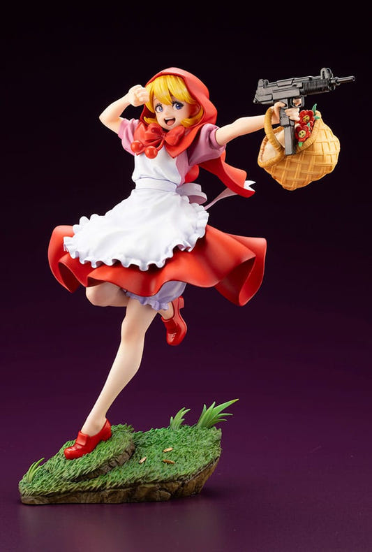 Kotobukiya Darkstalkers Bishoujo B.B. Hood statue running on grassy base with basket and gun