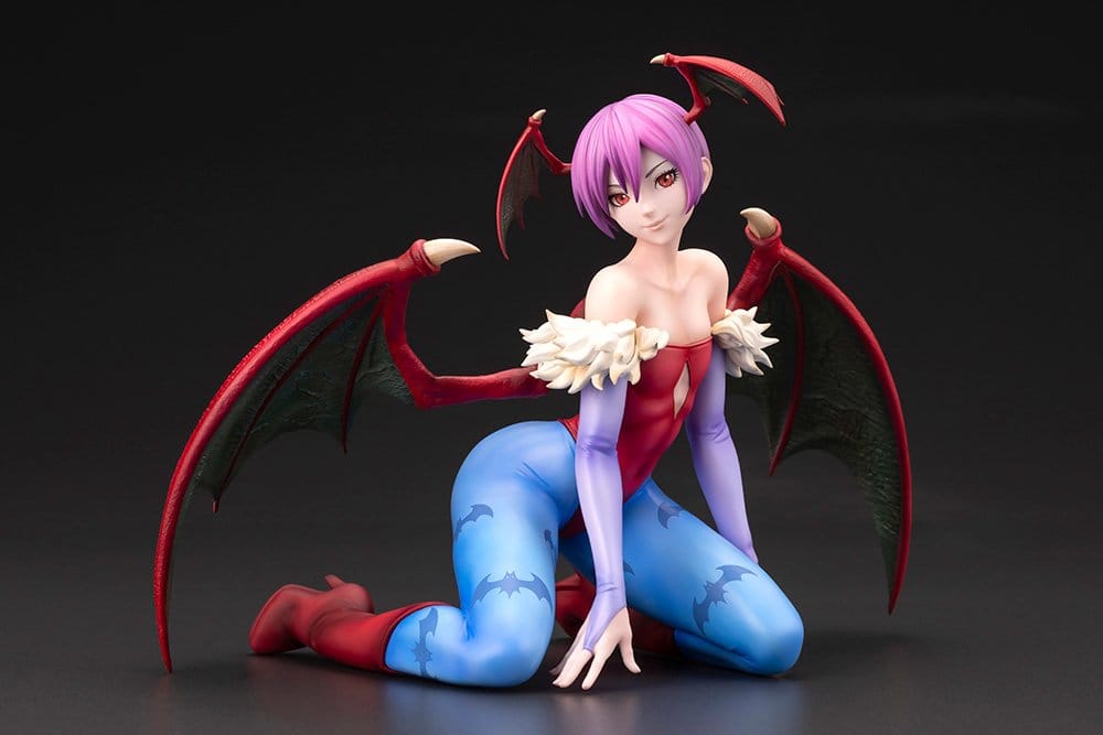 Front three-quarter view of the Lilith figure in red bodysuit and blue bat-print tights