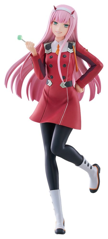 Good Smile Company Pop Up Parade L Zero Two figure from DARLING in the FRANXX in red uniform with lollipop