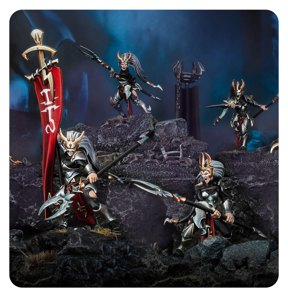 Painted Blood Hags advancing across a dark rocky battlefield with a war banner