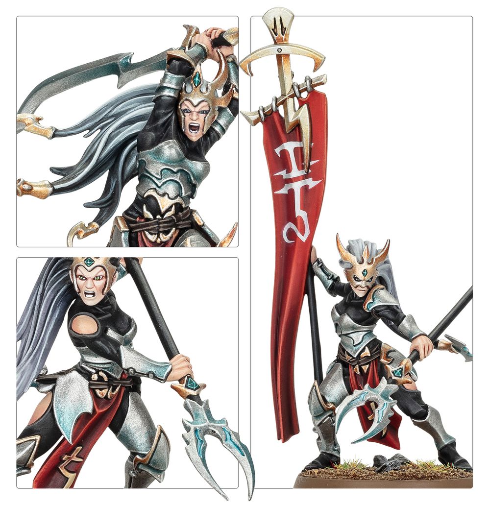 Close-ups of Blood Hags with twin-pronged polearms and a red Khainite banner