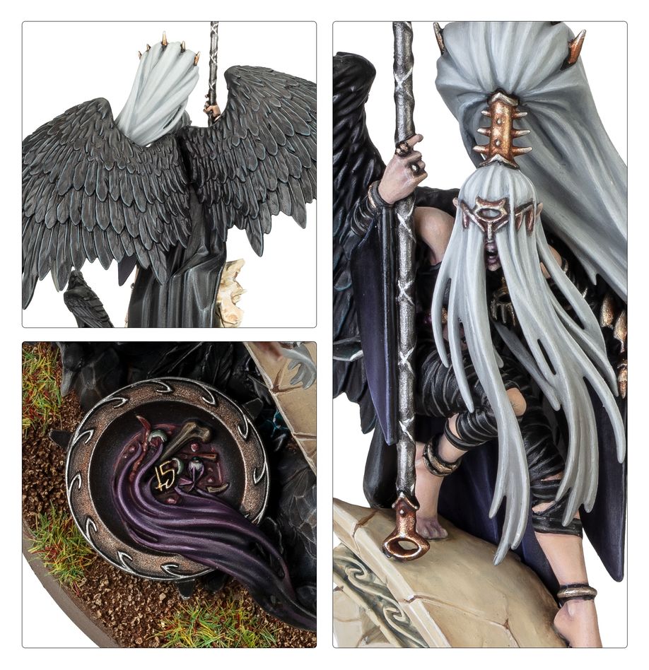 Close-ups of painted Krethusa the Croneseer: feathered wings, brazier and long silver hair