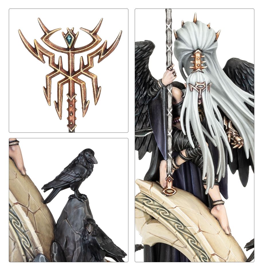 Krethusa the Croneseer close-ups of the ornate staff head, crow and her flowing grey hair