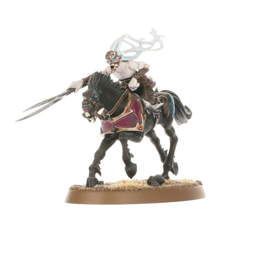 Painted Doomfire Warlock mounted on a black steed, lunging with a sword