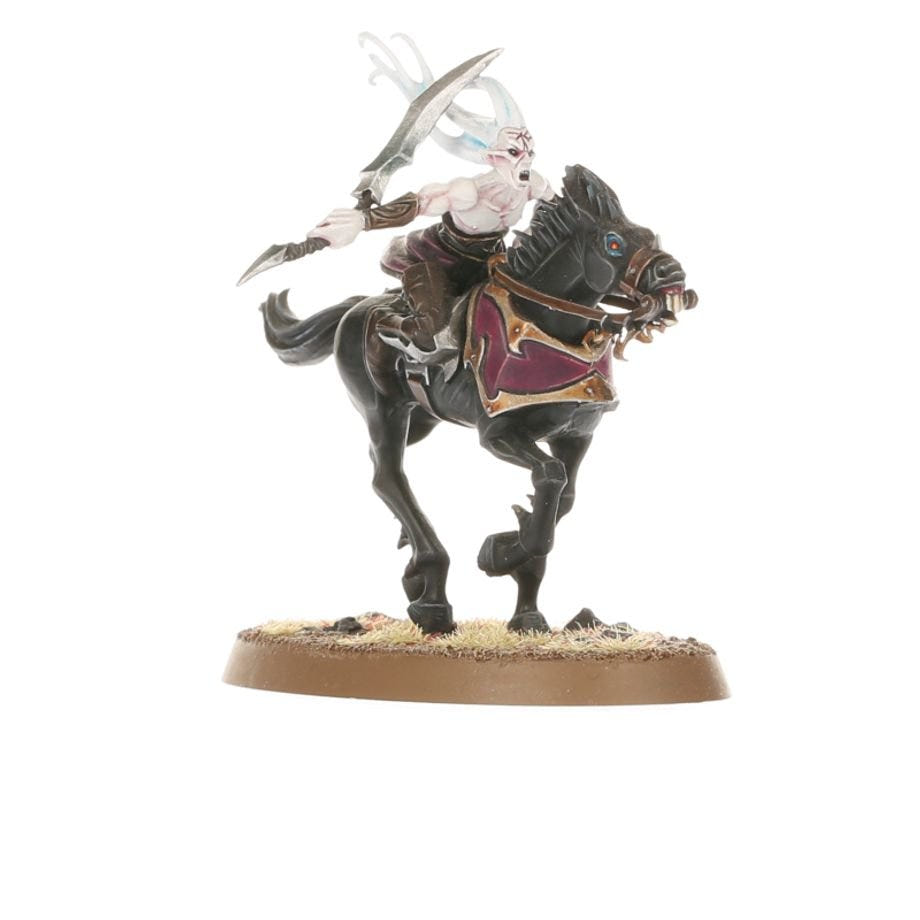 Painted Doomfire Warlock on horseback with curved blade raised, front three-quarter view