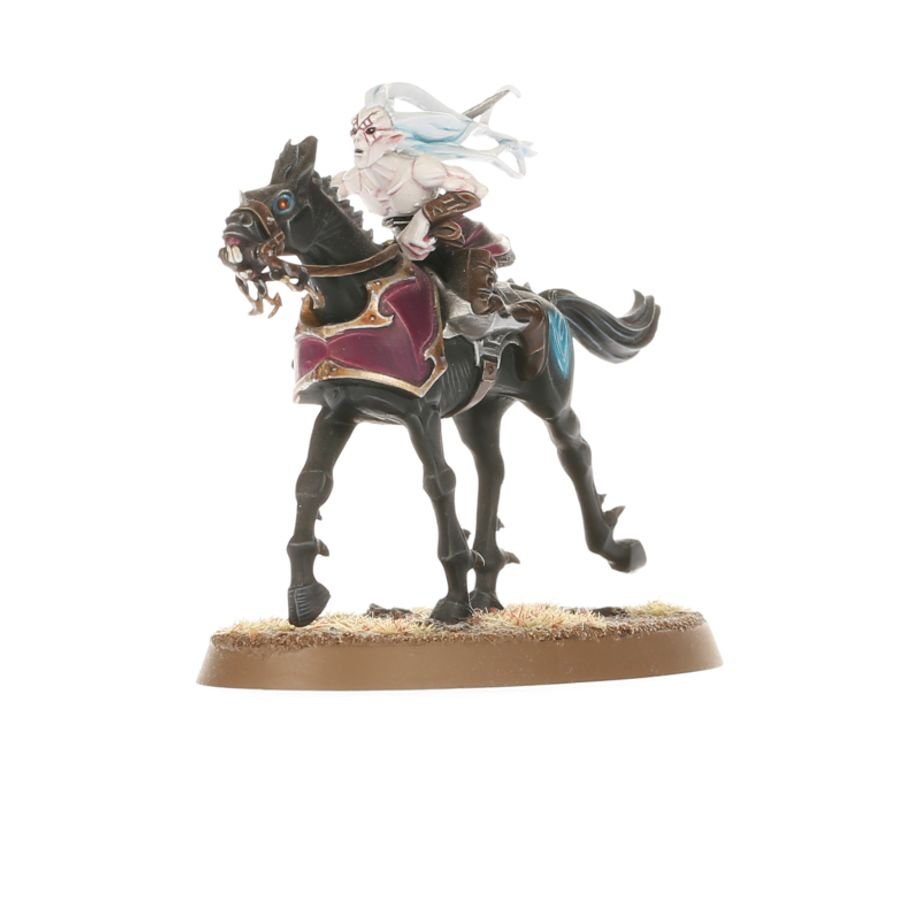 Painted Doomfire Warlock riding a dark steed with a magenta saddle cloth