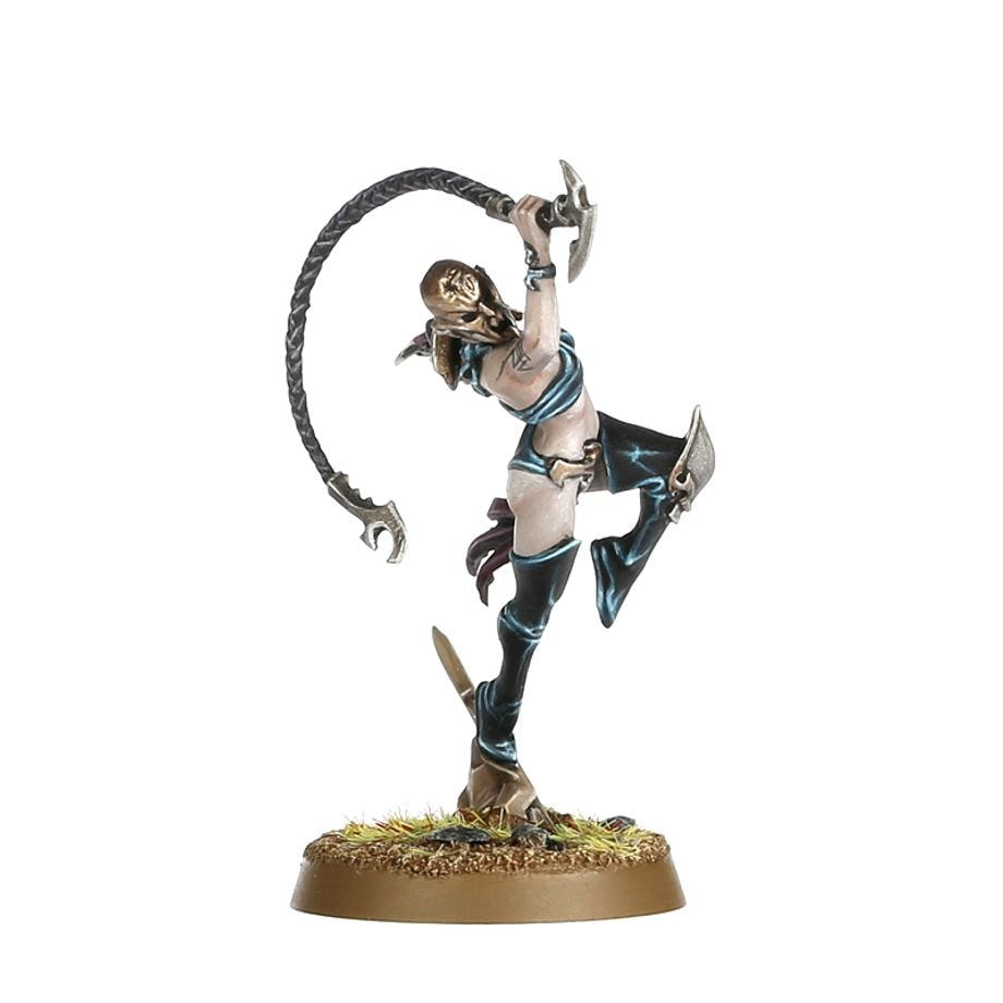 Painted Sister of Slaughter with barbed whip mid-leap, from Krethusa's Cronehost