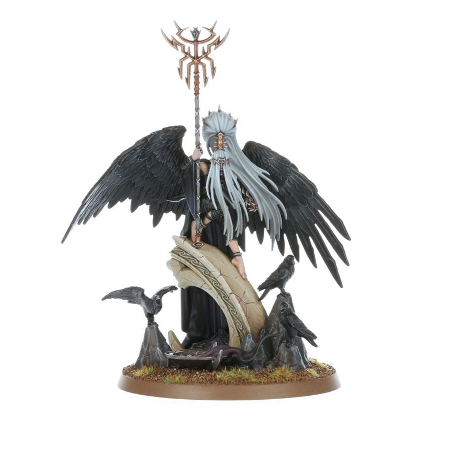 Painted Krethusa the Croneseer, winged crone with staff seated on a carved stone arch