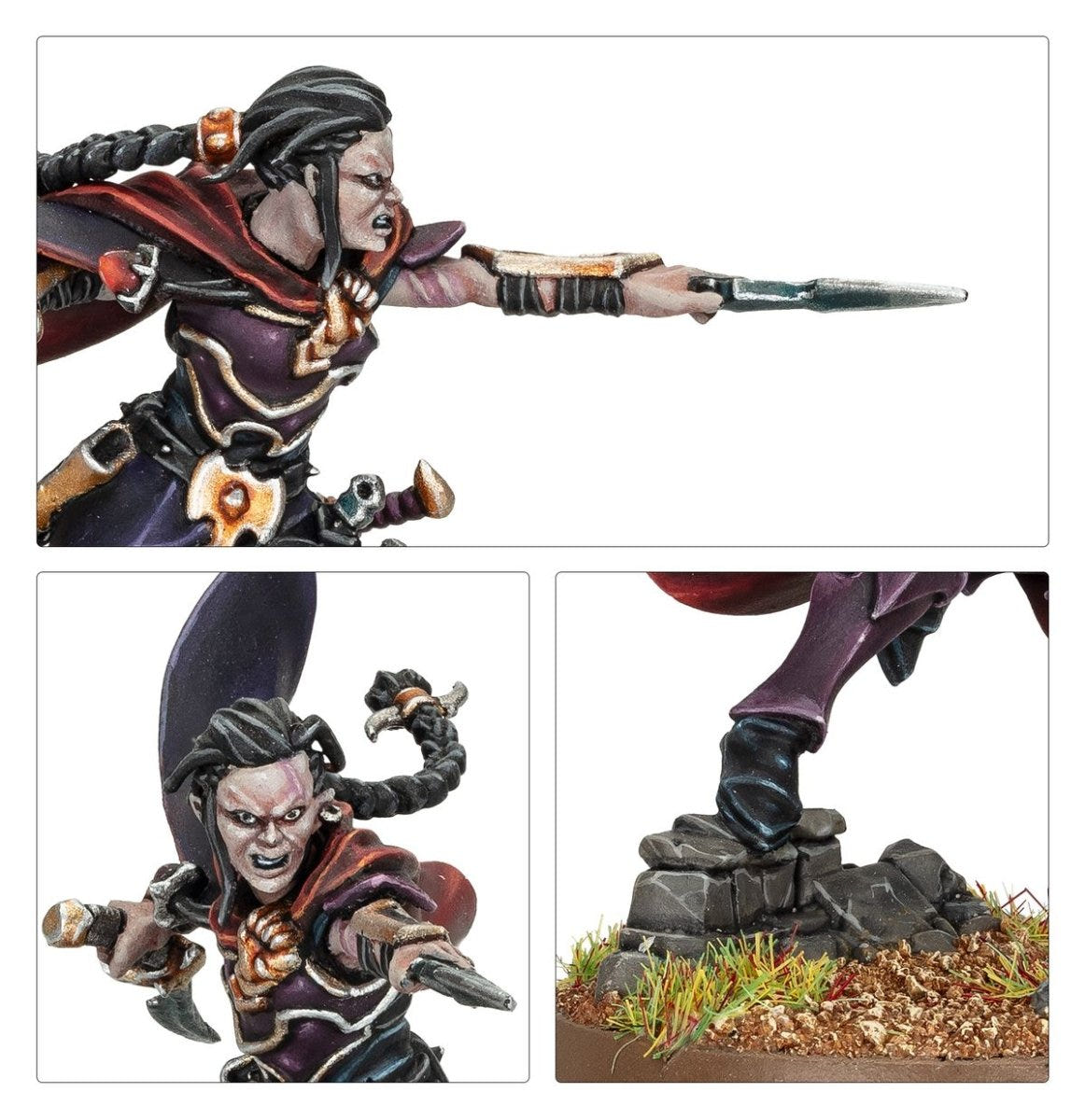 Close-ups of painted Maleneth Witchblade's face, daggers and base