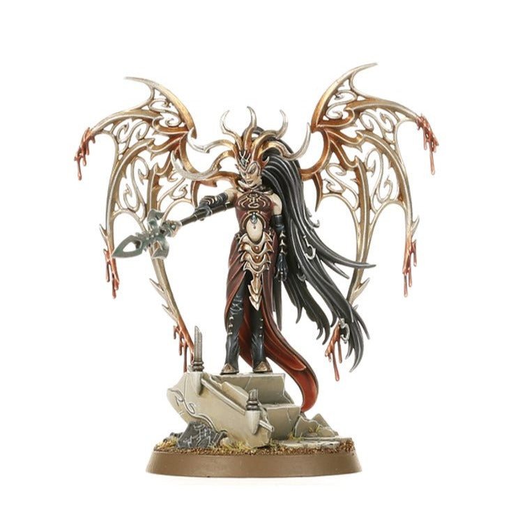 Painted Morathi, High Oracle of Khaine, aelven form with bladed wings and Heartrender spear