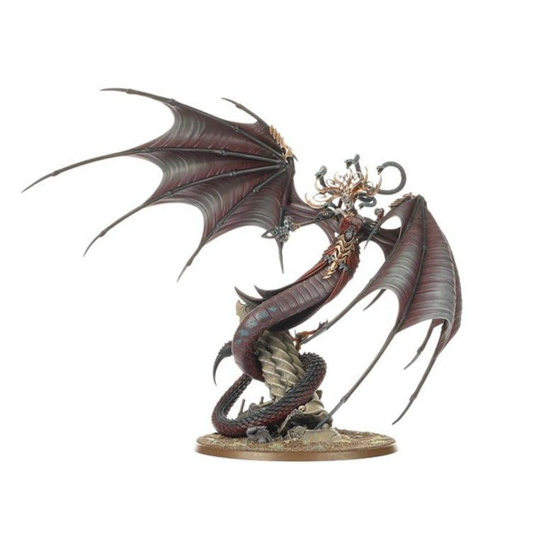 Painted Morathi, the Shadow Queen, monstrous winged serpent form with spear, three-quarter view