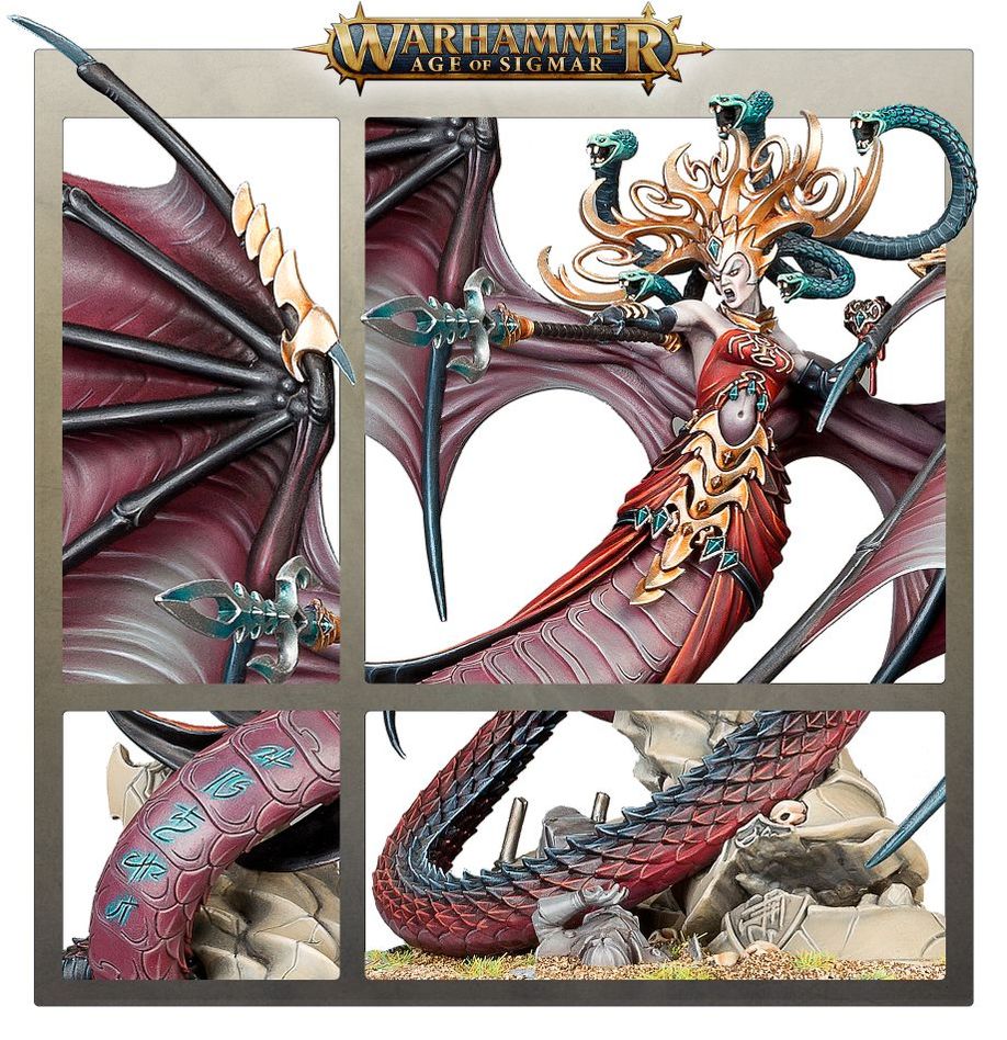 Morathi Shadow Queen close-ups of the painted wings, snake hair, serpent tail and spear